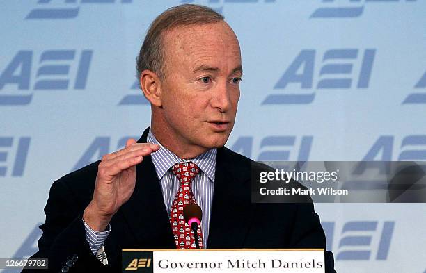 Indiana Gov. Mitch Daniels speaks about his new book "Keeping the Republic" during a discussion at the American Enterprise Institute on September 26,...