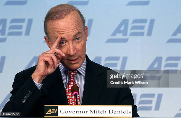Indiana Gov. Mitch Daniels speaks about his new book "Keeping the Republic" during a discussion at the American Enterprise Institute on September 26,...