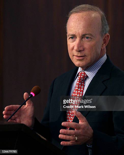 Indiana Gov. Mitch Daniels speaks about his new book "Keeping the Republic" during a discussion at the American Enterprise Institute on September 26,...