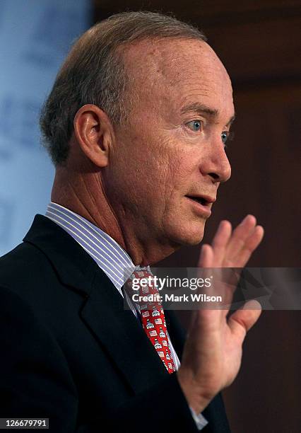 Indiana Gov. Mitch Daniels speaks about his new book "Keeping the Republic" during a discussion at the American Enterprise Institute on September 26,...