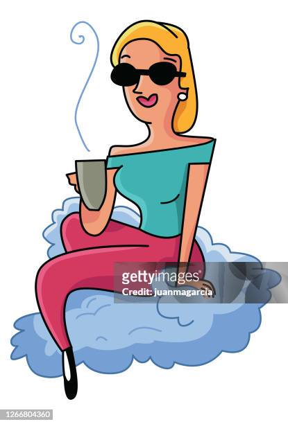 ilustraciones, imágenes clip art, dibujos animados e iconos de stock de mujer bebiendo café sentada en una nube - melena mediana