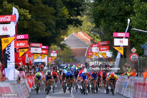 Sprint / Arrival / Arnaud Demare of France and Team Groupama - FDJ / Caleb Ewan of Australia and Team Lotto Soudal Yellow Leader Jersey / Daniel...