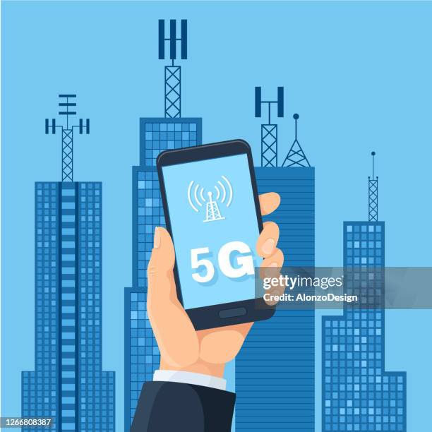 5g technology and smart city - tower stock illustrations