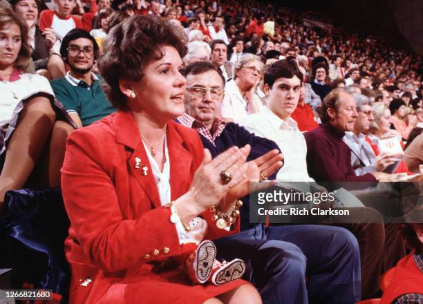 Karen Vieth Knight, second wife of of head coach Bob Knight of the Indiana Hoosiers, sits on the sidelines on January 1, 1981 in Bloomington, IN.