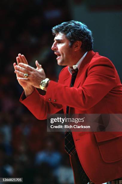 Head coach Bob Knight of the Indiana Hoosiers coaches from the sideline on January 1, 1981 in Bloomington, IN.