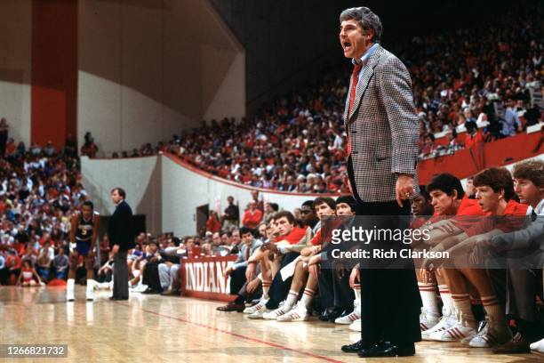 Head coach Bob Knight of the Indiana Hoosiers reacts from the sideline during play against the Northwestern Wildcats, on February 19, 1983 at...