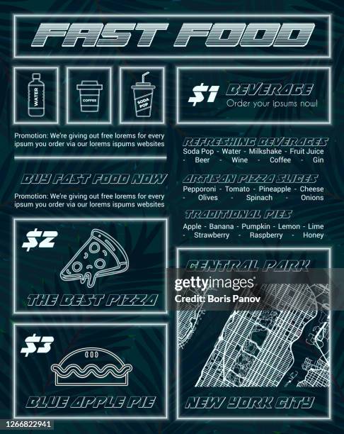 neon jungle restaurant food menu template in synthwave cyberpunk style - dark kitchen stock illustrations