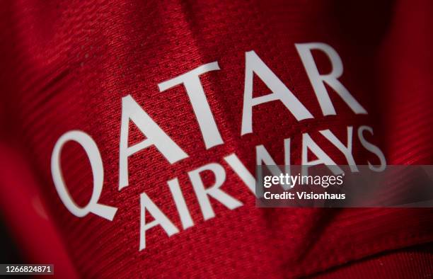 The Qatar Airways logo on the sleeve of the FC Bayern Munich home shirt on August 17, 2020 in Manchester, United Kingdom.