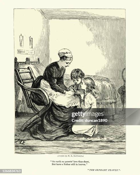 young orphans praying with their nanny, victorian 19th century - orphan stock illustrations