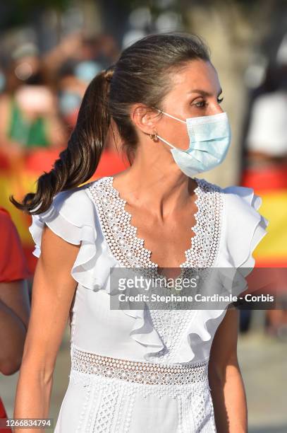 Queen Letizia of Spain is seen visiting the town of Sant Antoni de Portmany , tour of the promenade and streets of the second most populated...