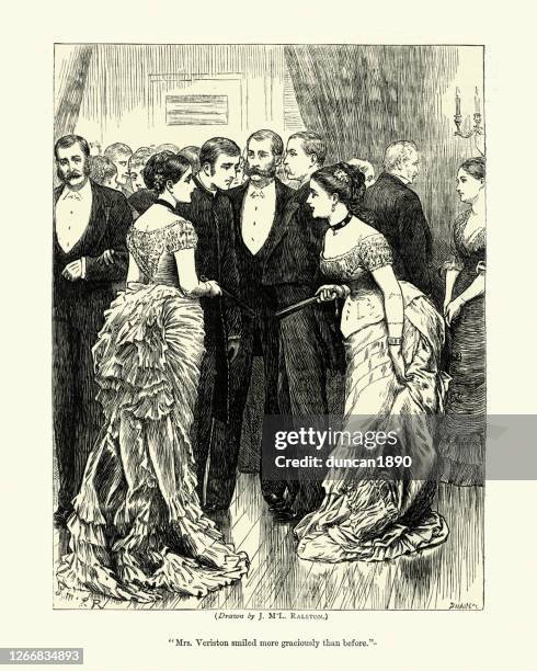 victorian gentlemen and ladies at high society evening party, 1870s - masquerade ball stock illustrations