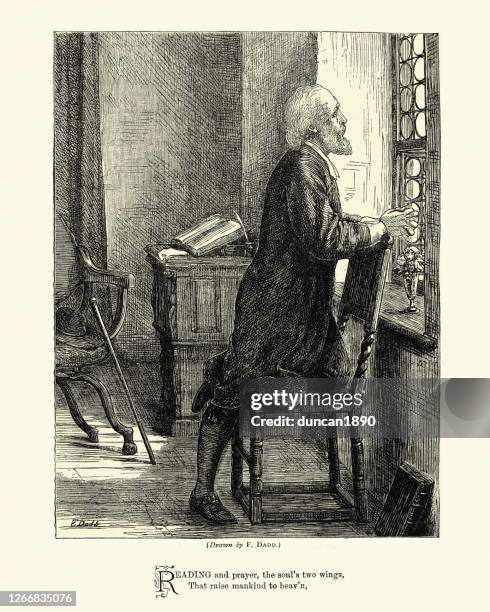 senior man praying by a window, reading and prayer, victorian - man reading bible stock illustrations