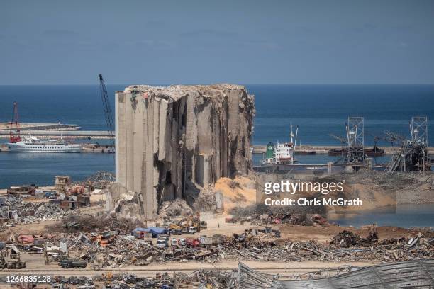 General view of the destroyed Beirut port silos on August 17, 2020 in Beirut, Lebanon. The explosion at Beirut's port killed over 200 people, injured...