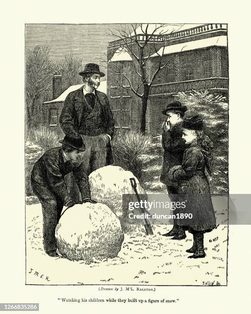 father making a snowman with his children, victorian, 19th century - building a snowman illustration stock illustrations