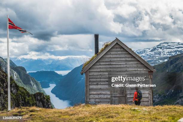 mujer joven y cabaña de troncos frente al fiordo en noruega. - voss fotografías e imágenes de stock