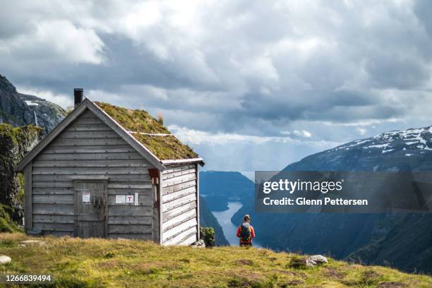 jeune femme et cabane en rondins devant le fjord en norvège. - voss photos et images de collection