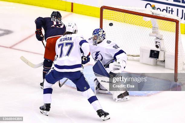 Cam Atkinson of the Columbus Blue Jackets scores a goal at 5:48 past Andrei Vasilevskiy of the Tampa Bay Lightning during the second period in Game...