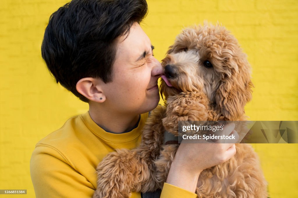 Young Woman Wearing Yellow Standing in Front of Yellow Wall Holding Her Dog