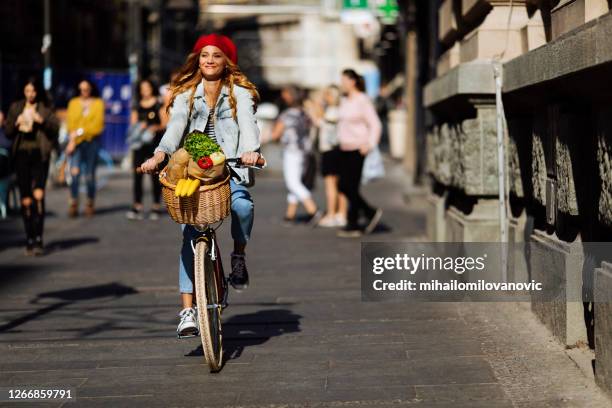 fruits and veggies for the day - bicycle basket stock pictures, royalty-free photos & images