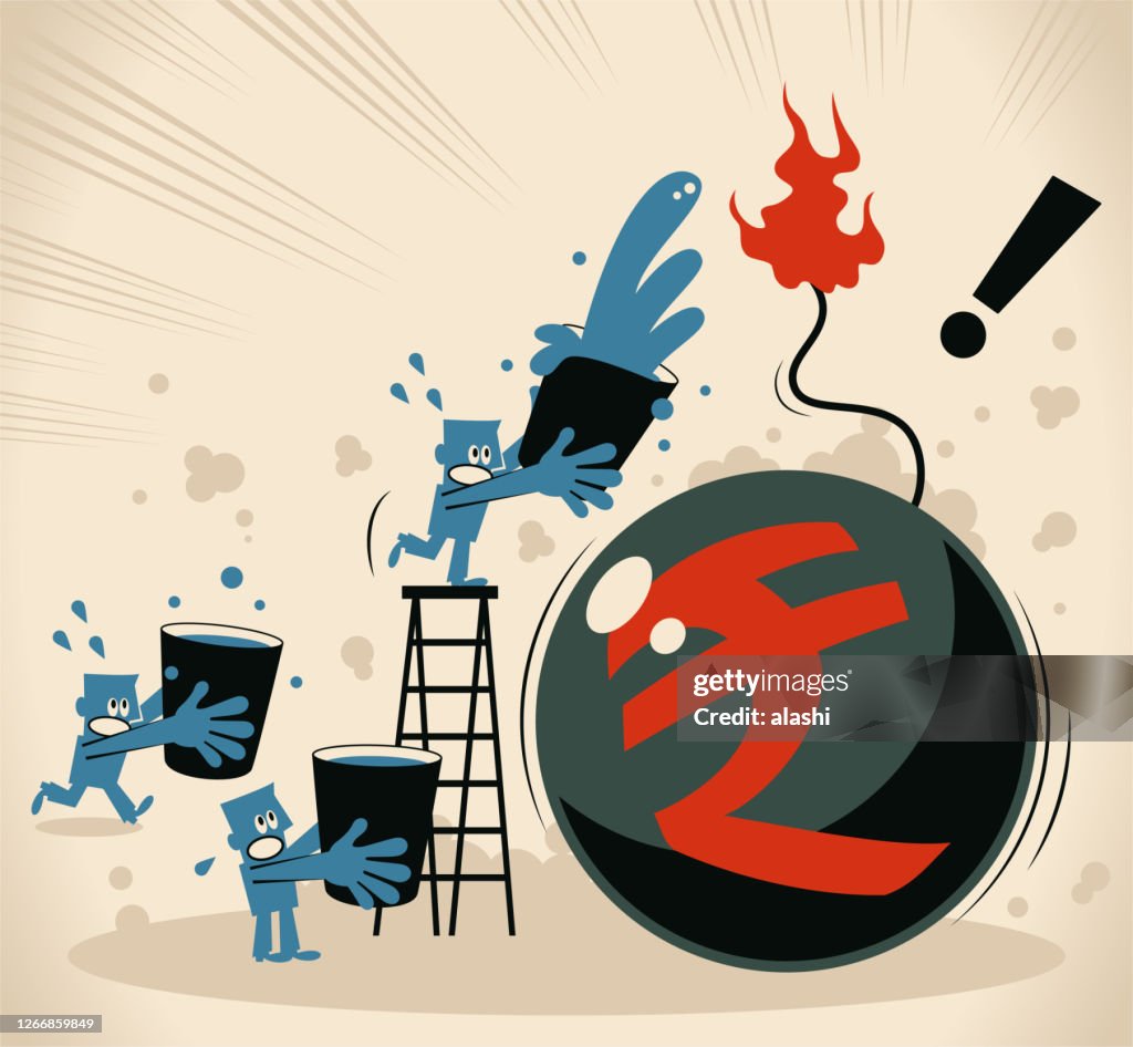 Group of businessmen using water to put out (to extinguish) a fire, to stop the bomb that has Indian Rupee sign. Financial crisis and economic recession and rescue concept
