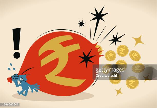 businessman is losing money (indian rupee coin) due to his big torn sack bag - indian currency stock illustrations