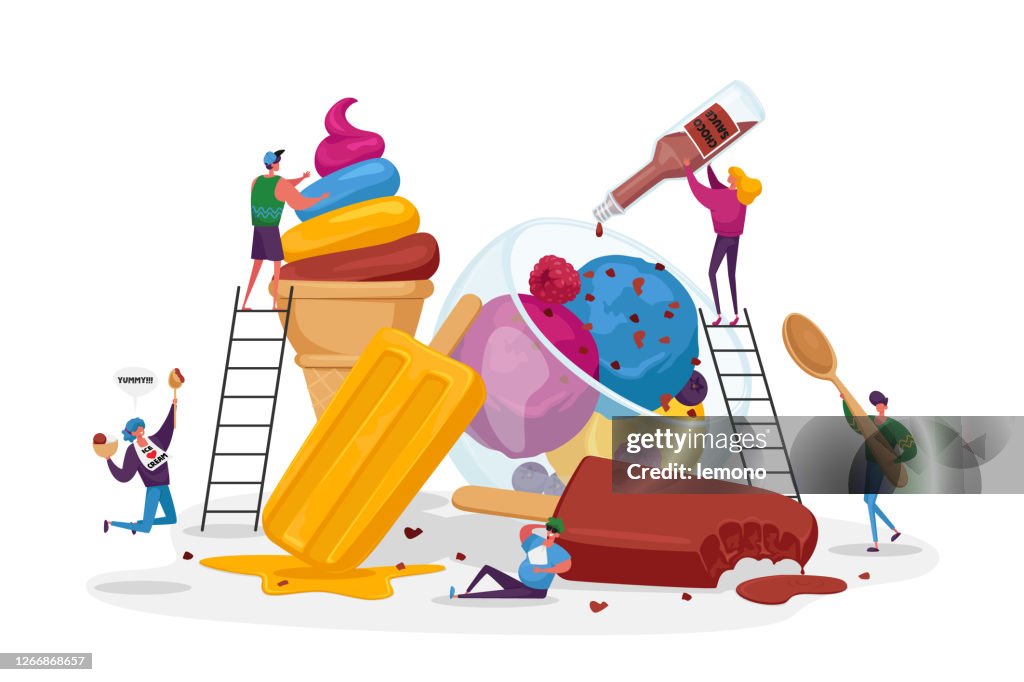 Tiny Characters on Ladders Decorate Ice Cream. Summer Time Food, Delicious Sweet Dessert, Cold Meal. Cartoon People