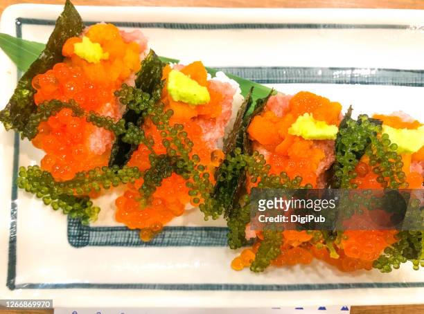 sea urchin, salmon roe, green caviar spillover sushi - green sea urchin stock pictures, royalty-free photos & images