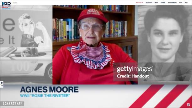 In this screenshot from the DNCC’s livestream of the 2020 Democratic National Convention, WWII "Rosie The Riveter" Agnes Moore addresses the virtual...