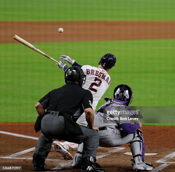 Alex Bregman of the Houston Astros grounds out in the first inning against the Colorado Rockies at Minute Maid Park on August 17, 2020 in Houston,...
