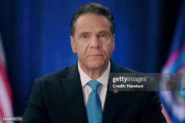 In this screenshot from the DNCC’s livestream of the 2020 Democratic National Convention, New York Gov. Andrew Cuomo addresses the virtual convention...