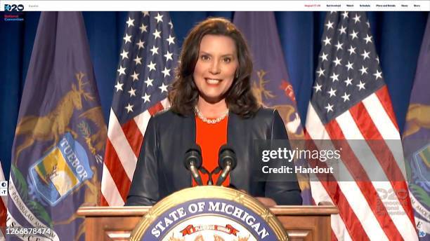 In this screenshot from the DNCC’s livestream of the 2020 Democratic National Convention, Michigan Gov. Gretchen Whitmer addresses the virtual...