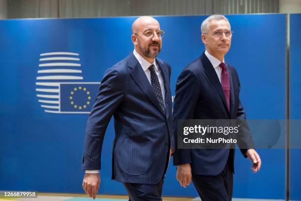 Jens Stoltenberg the Secretary General of NATO as seen arriving with Charles Michel President of the European Council at the Tour de Table - Round...