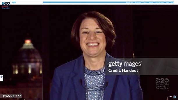 In this screenshot from the DNCC’s livestream of the 2020 Democratic National Convention, Sen. Amy Klobuchar addresses the virtual convention on...