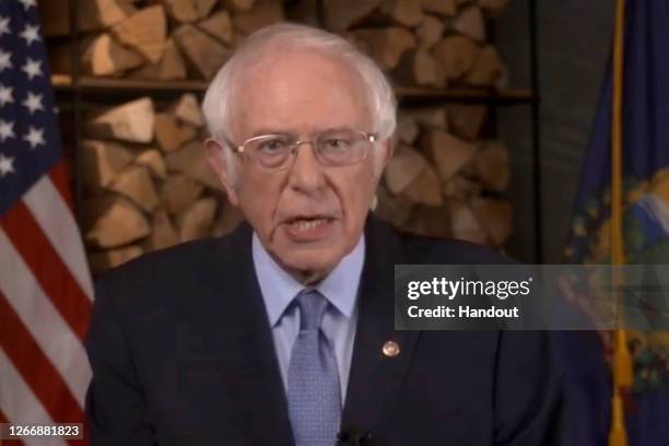 In this screenshot from the DNCC’s livestream of the 2020 Democratic National Convention, Sen. Bernie Sanders addresses the virtual convention on...