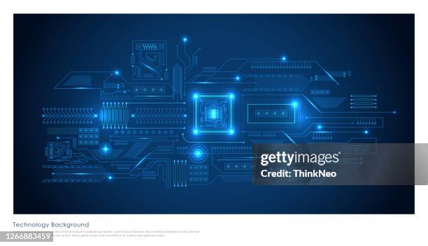 futuristic microchip processor with lights on the blue background. - semiconductor technology background stock illustrations