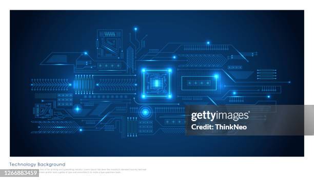 futuristic microchip processor with lights on the blue background. - semiconductors stock illustrations