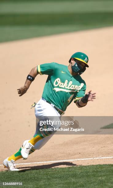 Franklin Barreto of the Oakland Athletics runs the bases during the game against the Texas Rangers at RingCentral Coliseum on August 6, 2020 in...