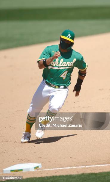 Franklin Barreto of the Oakland Athletics runs the bases during the game against the Texas Rangers at RingCentral Coliseum on August 6, 2020 in...