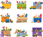 Collection of Boxes with Various Colorful Toys, Plastic and Cardboard Containers with Baby Playthings Flat Vector Illustration
