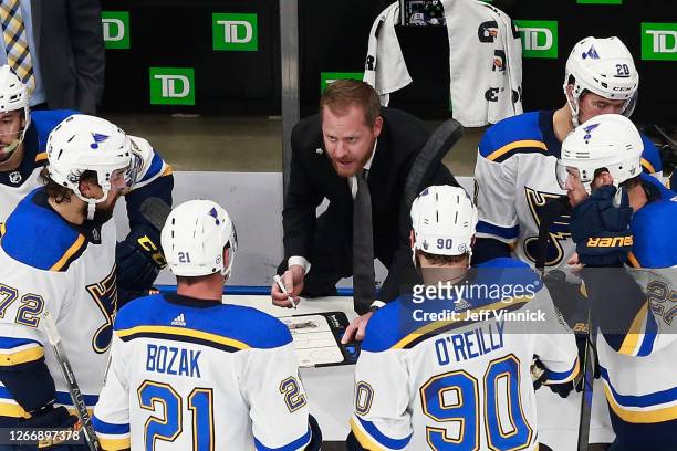 St. Louis Blues assistant coach Steve Ott handles the bench during the game against the Vancouver Canucks in Game Four of the Western Conference...