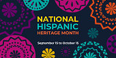 Hispanic heritage month. Vector web banner, poster, card for social media and networks. Greeting with national Hispanic heritage month text, Papel Picado pattern, perforated paper on black background.