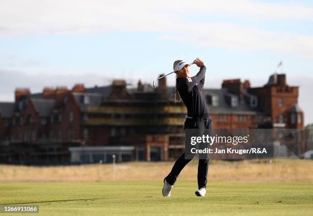 Charley Hull of England plays her second shot on the second hole during a practice round ahead of the AIG Women's Open 2020 at Royal Troon on August...