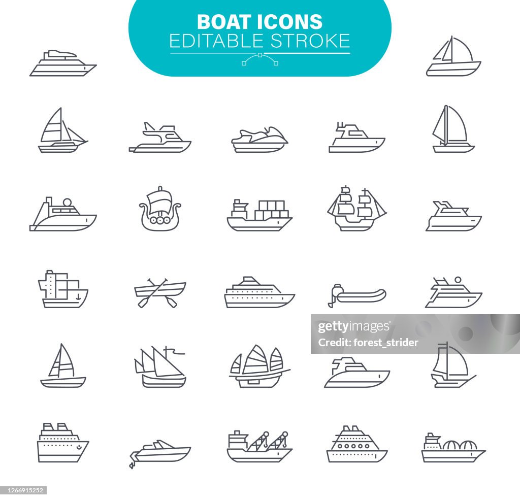 Iconos de barcos. Set contiene el símbolo como Transporte; Velero, Barco, Barco Náutico