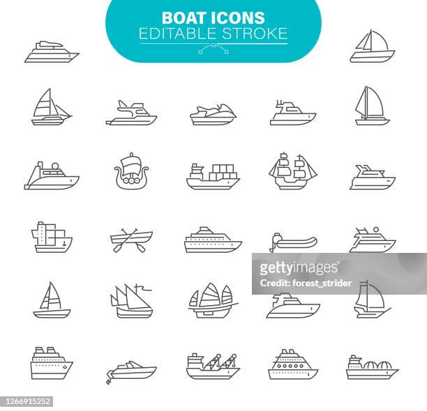 boat icons. set contains symbol as transportation; sailboat, ship, nautical vessel - moored stock illustrations