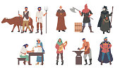Medieval people male and female cartoon character set, flat vector isolated illustration