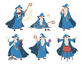 Old wizard, magician cartoon character set, flat vector isolated illustration. Fantasy, magic Merlin spells.