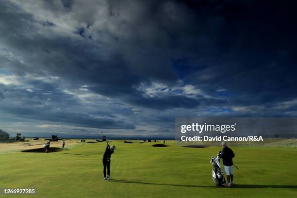 Charley Hull of England plays a shot during a practice round ahead of the AIG Women's Open 2020 at Royal Troon on August 18, 2020 in Troon, Scotland.