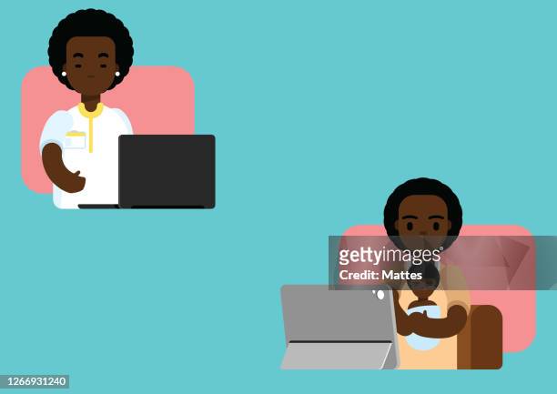 mother of african ethnicity and newborn child having a post pregnancy visit. practicing woman doctor of african ethnicity. - mother and baby and laptop stock illustrations