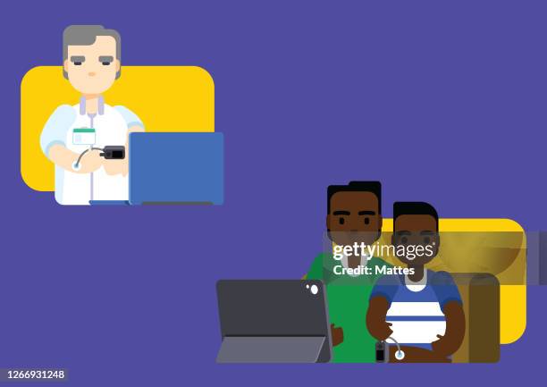 son and father of african ethnicity receiving instruction on how to use his insulin pump. practicing male doctor of caucasian ethnicity. - doctor insulin pump stock illustrations