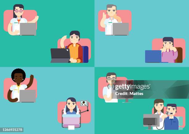ilustraciones, imágenes clip art, dibujos animados e iconos de stock de serie de pacientes que reciben instrucción y chequeo médico de su practicante general para mejorar su vida diaria. - general practitioner stock illustrations